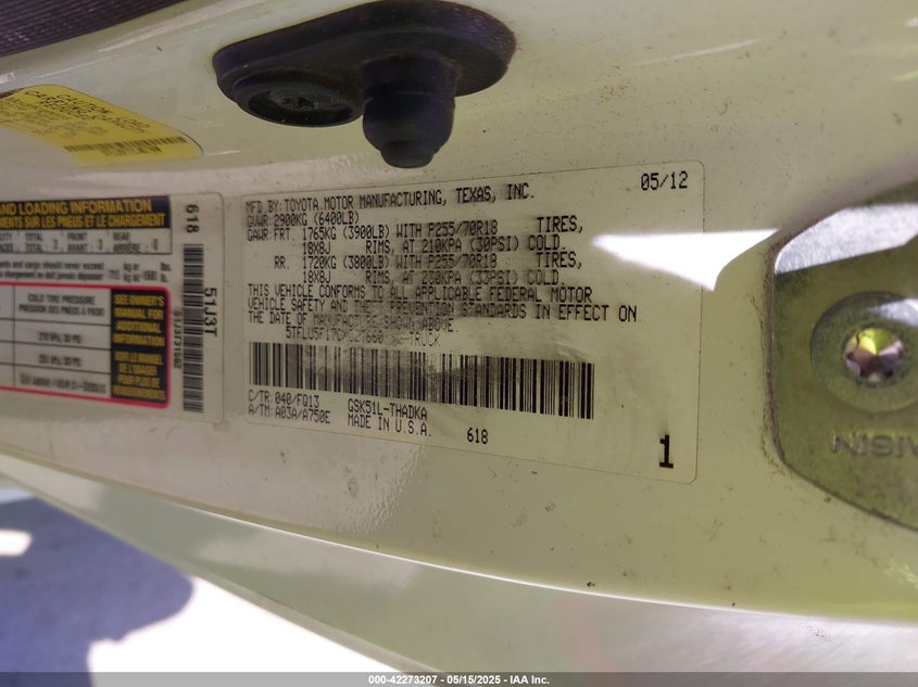 2012 TOYOTA TUNDRA VIN: 5TFLU5F17CX027660