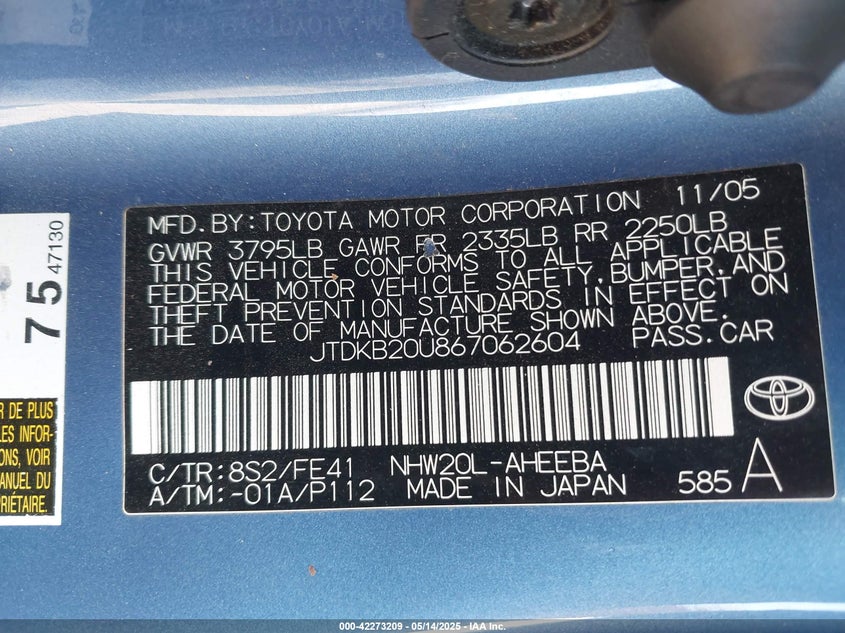 2006 TOYOTA PRIUS VIN: JTDKB20U867062604