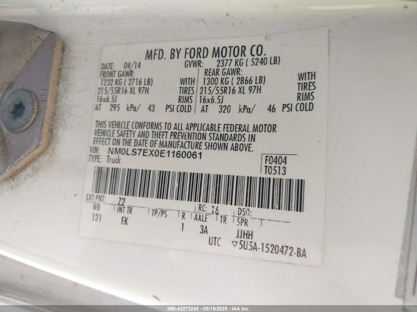 2014 Ford Transit Connect Xl VIN: NM0LS7EX0E1160061 Lot: 42273249