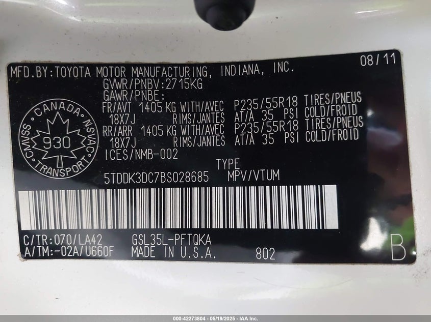2011 TOYOTA SIENNA VIN: 5TDDK3DC7BS028685
