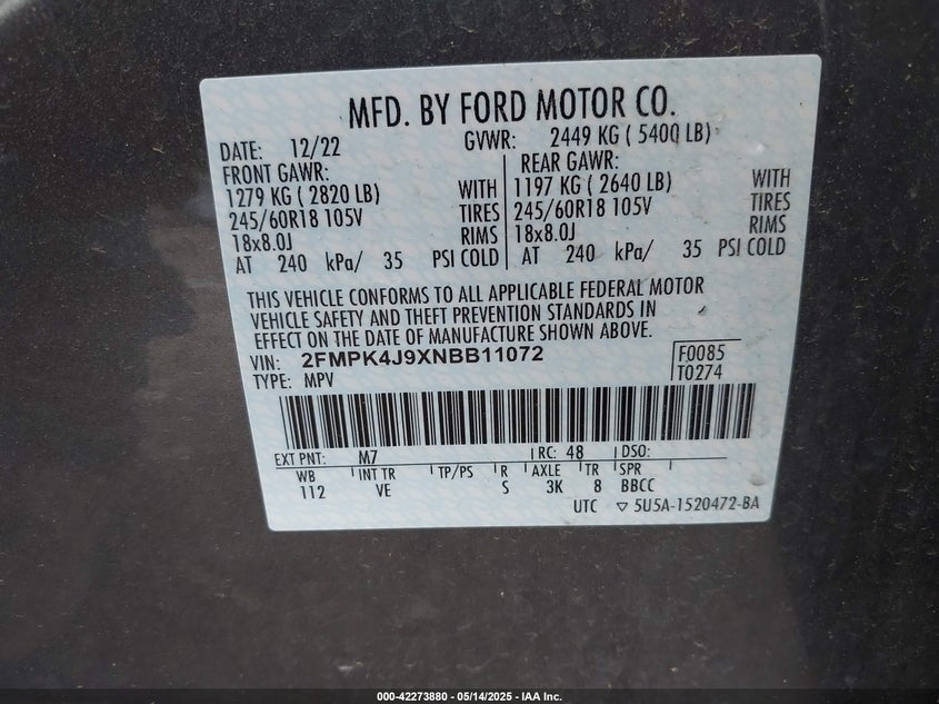 2022 FORD EDGE VIN: 2FMPK4J9XNBB11072