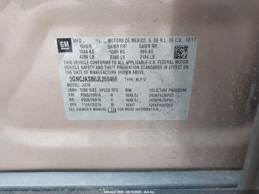 2018 Chevrolet Trax Ls VIN: 3GNCJKSB6JL260466 Lot: 42273949
