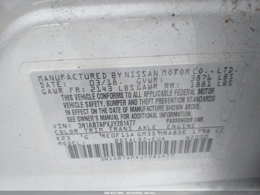 2018 NISSAN SENTRA VIN: 3N1AB7APXJY281477