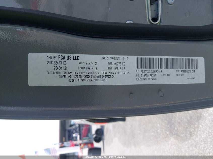 2018 Dodge Charger R/T Scat Pack Rwd VIN: 2C3CDXGJ7JH187019 Lot: 42274228