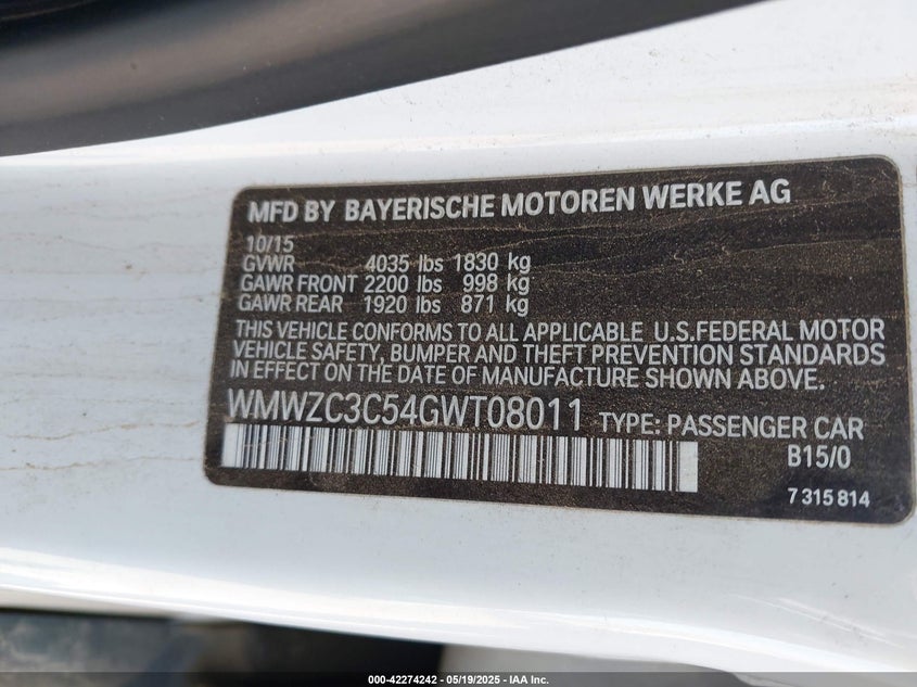 2016 MINI COUNTRYMAN VIN: WMWZC3C54GWT08011