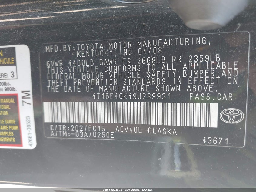 2009 TOYOTA CAMRY VIN: 4T1BE46K49U289931