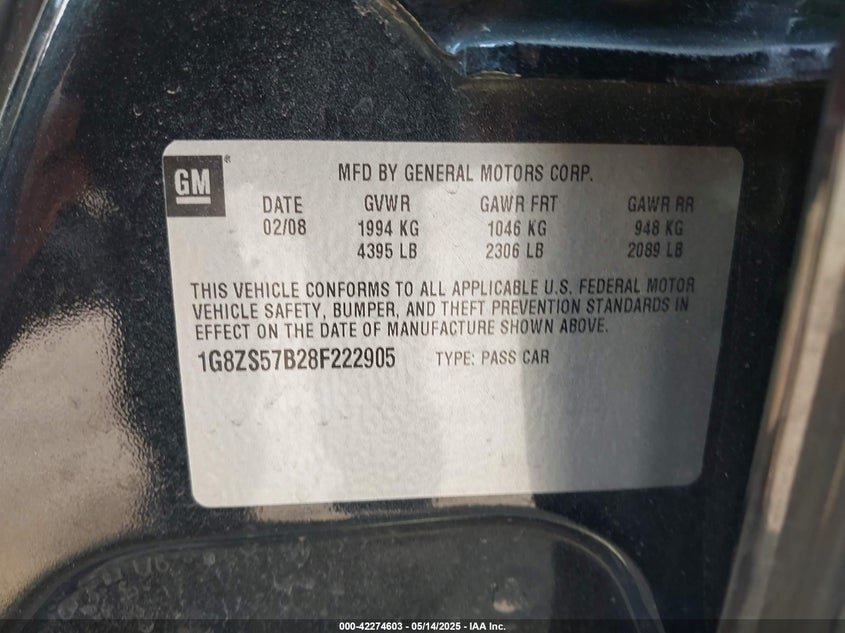 1G8ZS57B28F222905 2008 SATURN AURA photo no. 9