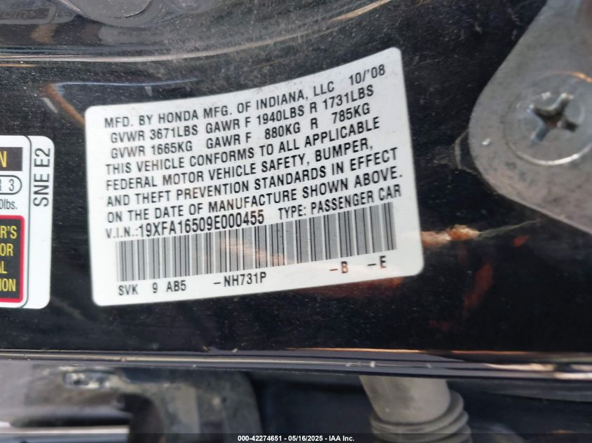 2009 Honda Civic Lx VIN: 19XFA16509E000455 Lot: 42274651
