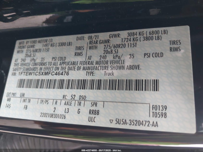 2021 FORD F-150 VIN: 1FTEW1C5XMFC46476
