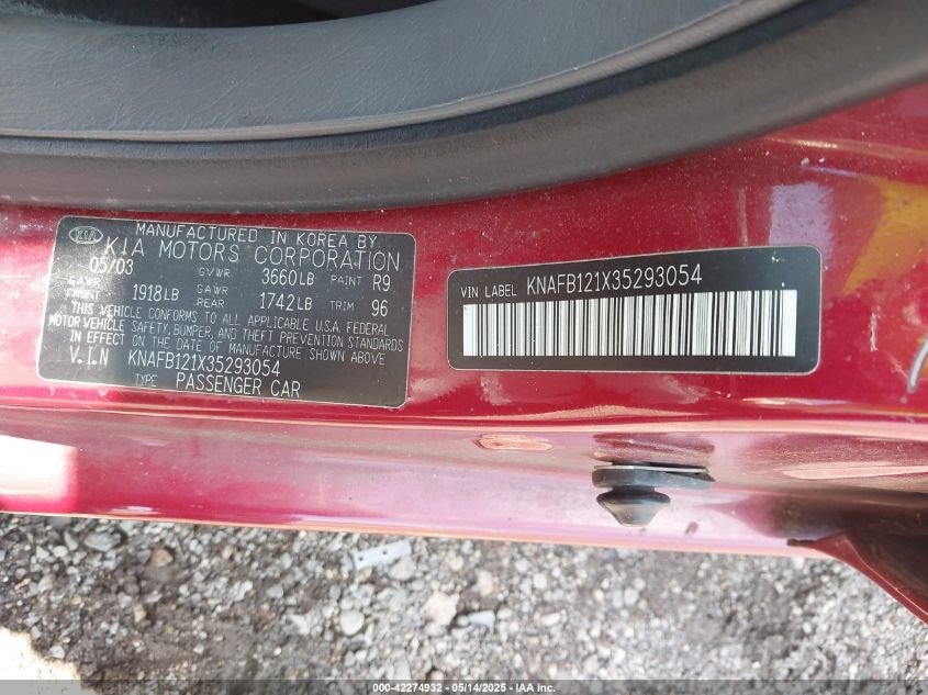 2003 Kia Spectra Ls VIN: KNAFB121X35293054 Lot: 42274932