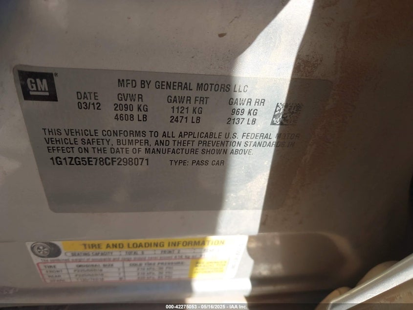 2012 CHEVROLET MALIBU VIN: 1G1ZG5E78CF298071