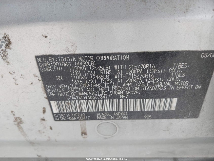 2008 TOYOTA RAV4 VIN: JTMZD33V486073417