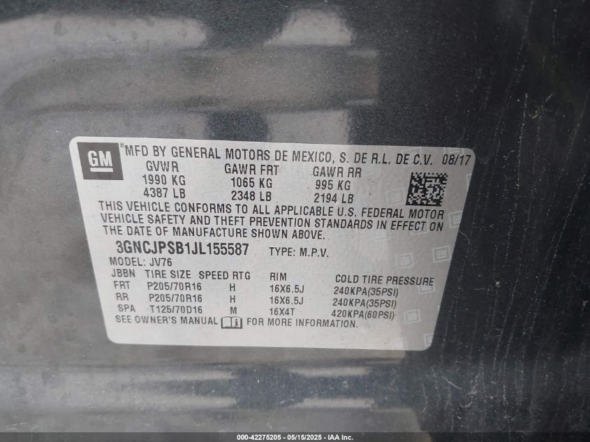 2018 Chevrolet Trax Lt VIN: 3GNCJPSB1JL155587 Lot: 42275205