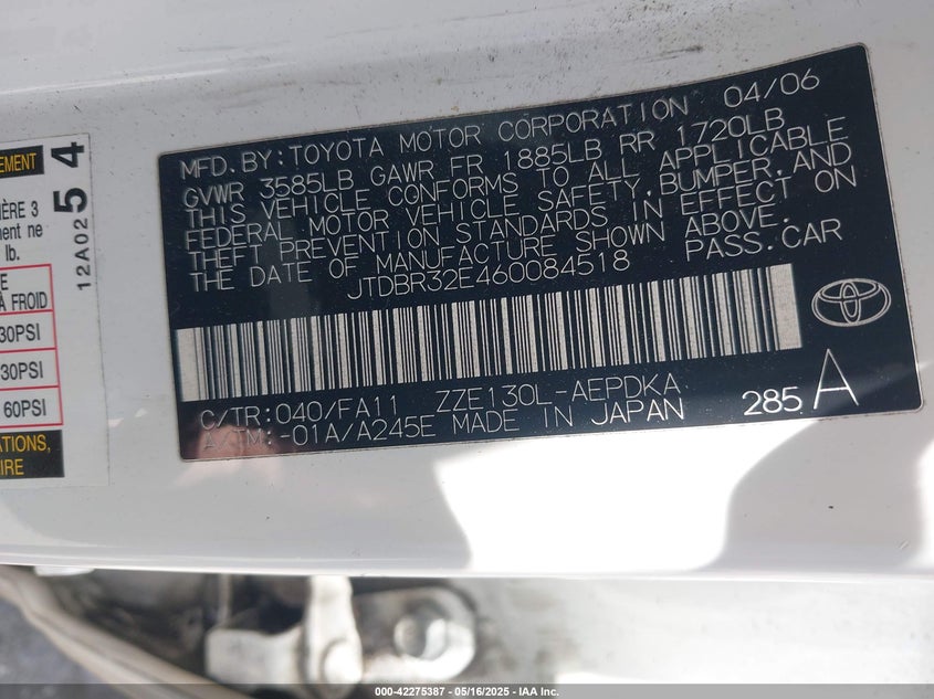 2006 TOYOTA COROLLA VIN: JTDBR32E460084518