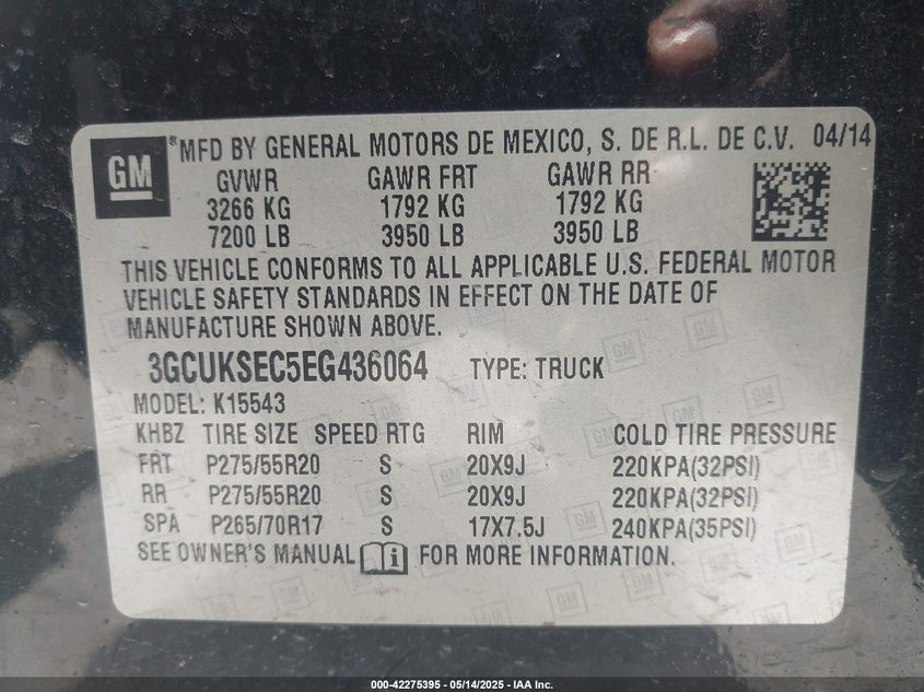 2014 CHEVROLET SILVERADO 1500 VIN: 3GCUKSEC5EG436064