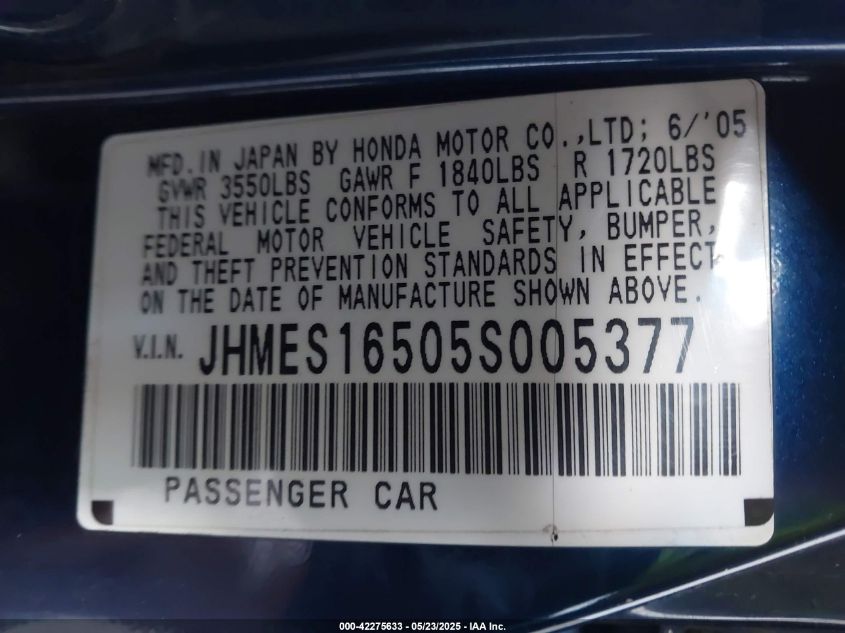 2005 Honda Civic Lx VIN: JHMES16505S005377 Lot: 42275633