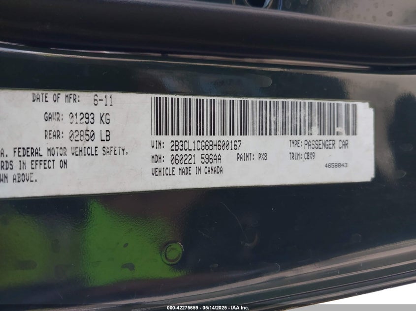 2011 DODGE CHARGER VIN: 2B3CL1CG6BH600167