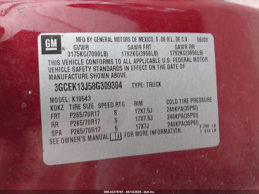 2008 CHEVROLET SILVERADO 1500 VIN: 3GCEK13J58G309304