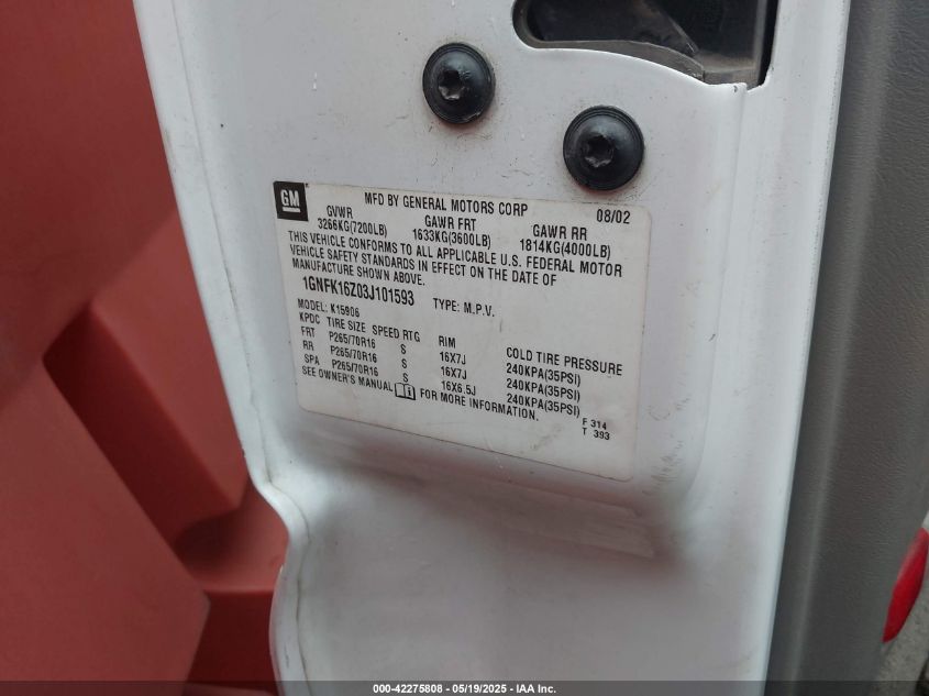 2003 Chevrolet Suburban 1500 Lt VIN: 1GNFK16Z03J101593 Lot: 43372642