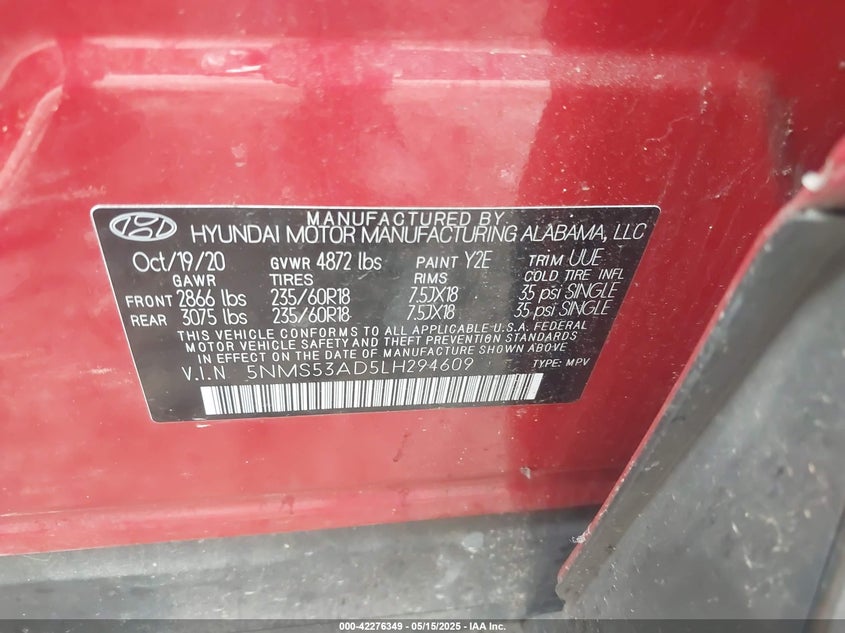 2020 HYUNDAI SANTA FE VIN: 5NMS53AD5LH294609