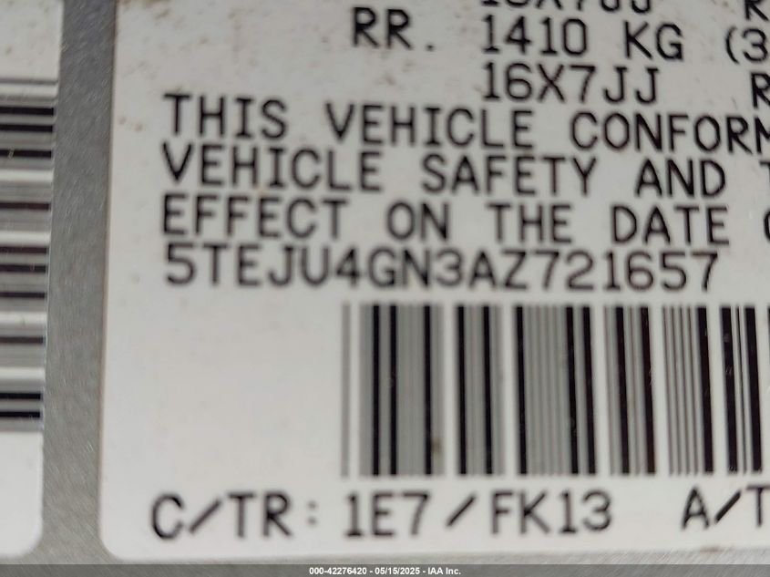 2010 Toyota Tacoma Double Cab Prerunner VIN: 5TEJU4GN3A2721657 Lot: 42276420