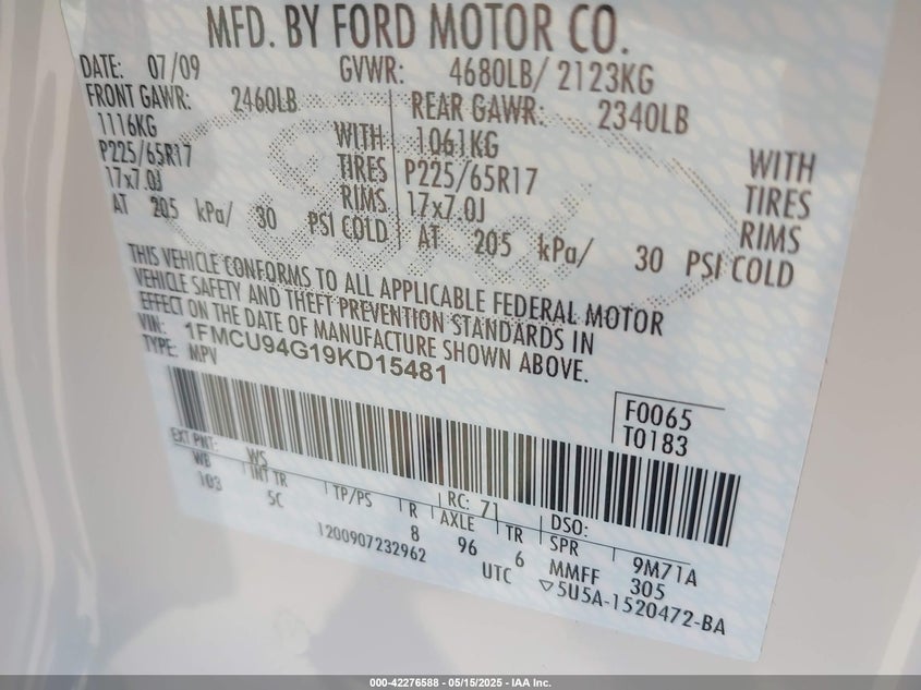 2009 FORD ESCAPE VIN: 1FMCU94G19KD15481