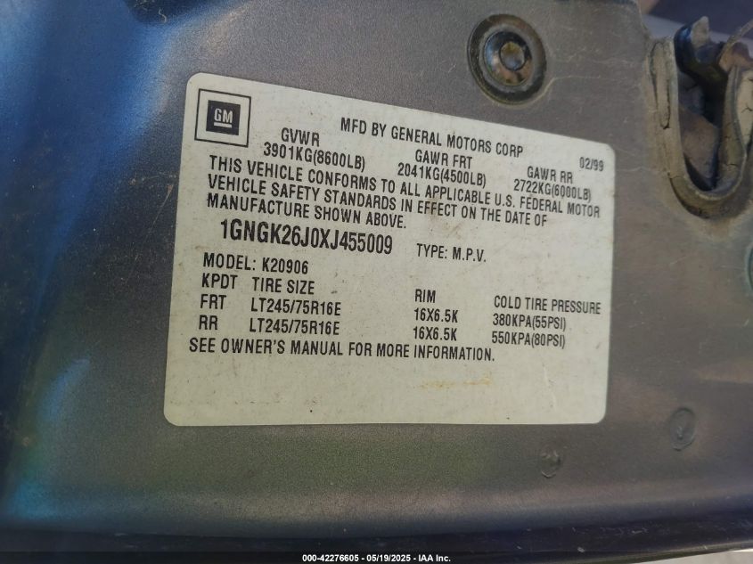 1999 Chevrolet Suburban 2500 VIN: 1GNGK26J0XJ455009 Lot: 42276605