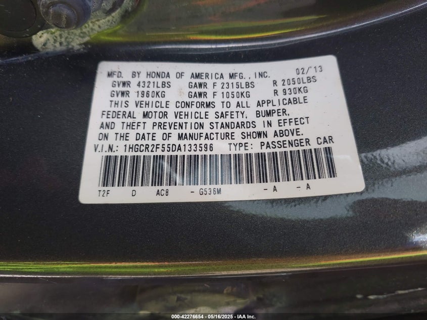 2013 HONDA ACCORD VIN: 1HGCR2F55DA133596