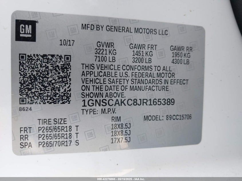 2018 CHEVROLET TAHOE VIN: 1GNSCAKC8JR165389