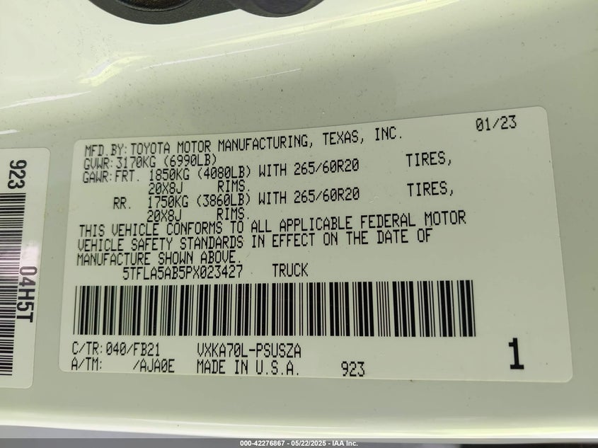 2023 TOYOTA TUNDRA VIN: 5TFLA5AB5PX023427