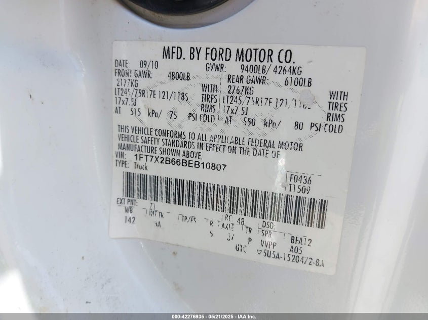 2011 FORD F-250 VIN: 1FT7X2B66BEB10807