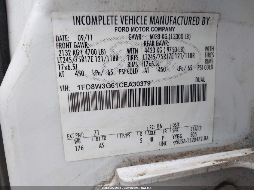 2012 Ford F-350 Chassis Xl VIN: 1FD8W3G61CEA30379 Lot: 42276963