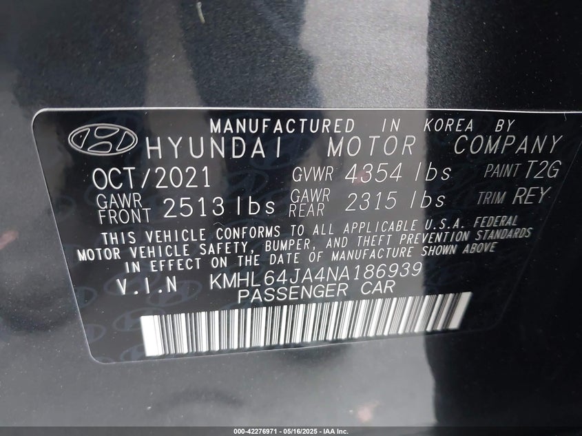 2022 HYUNDAI SONATA VIN: KMHL64JA4NA186939
