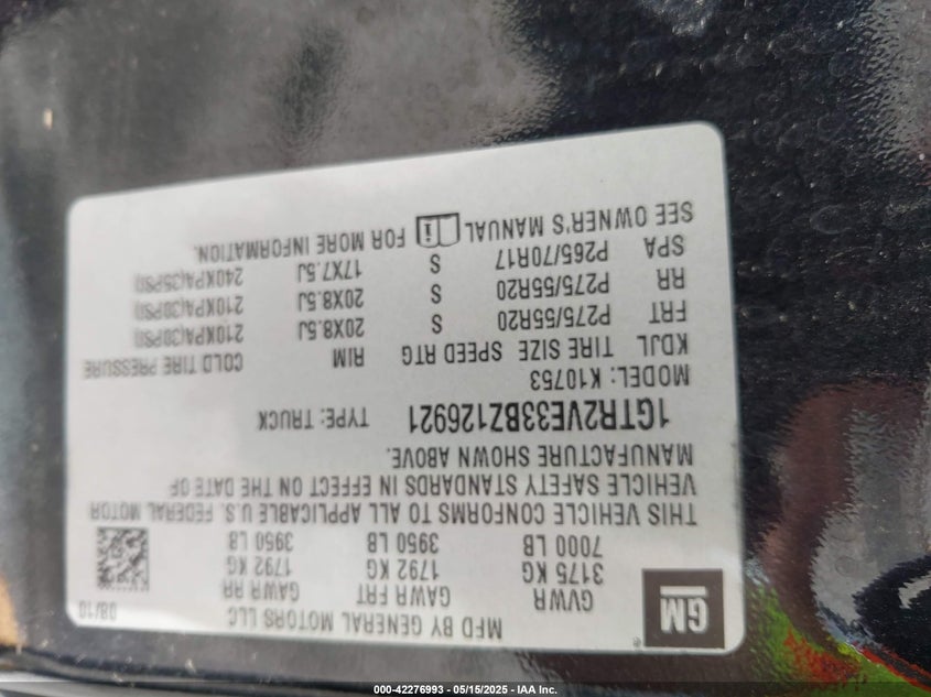 2011 GMC SIERRA 1500 VIN: 1GTR2VE33BZ126921