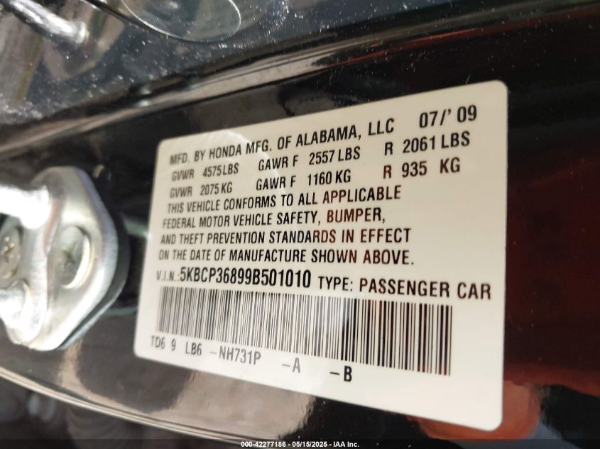 2009 Honda Accord 3.5 Ex-L VIN: 5KBCP36899B501010 Lot: 42277186