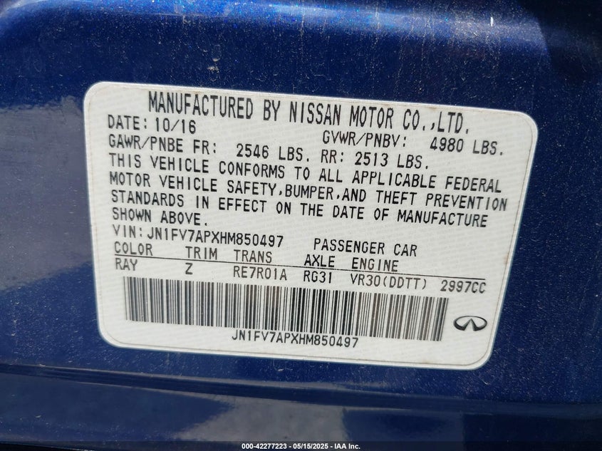2017 INFINITI Q50 VIN: JN1FV7APXHM850497