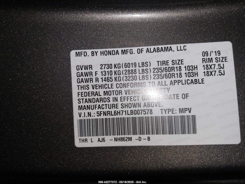 2020 Honda Odyssey Ex-L/Ex-L W/Navi Res VIN: 5FNRL6H71LB007578 Lot: 42277372