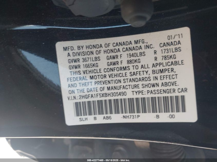 2011 Honda Civic Lx VIN: 2HGFA1F5XBH305490 Lot: 42277469