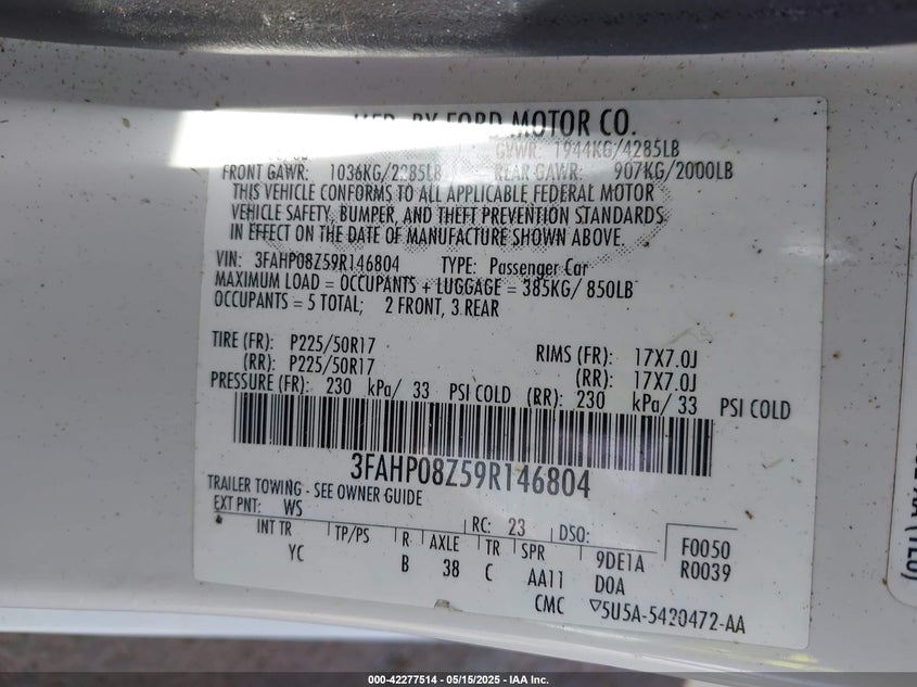 2009 FORD FUSION VIN: 3FAHP08Z59R146804