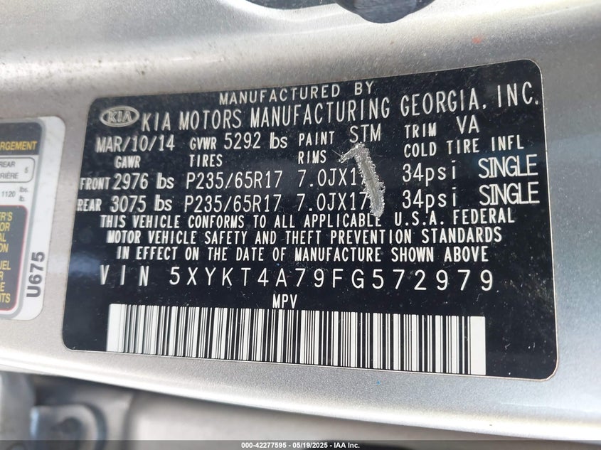 2015 KIA SORENTO VIN: 5XYKT4A79FG572979