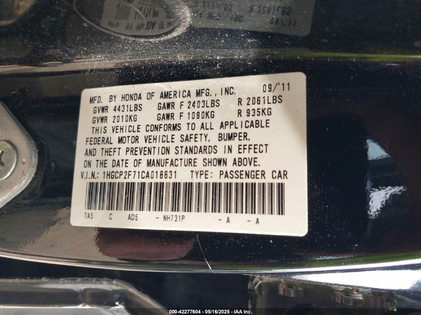 2012 Honda Accord 2.4 Ex VIN: 1HGCP2F71CA018631 Lot: 42277604