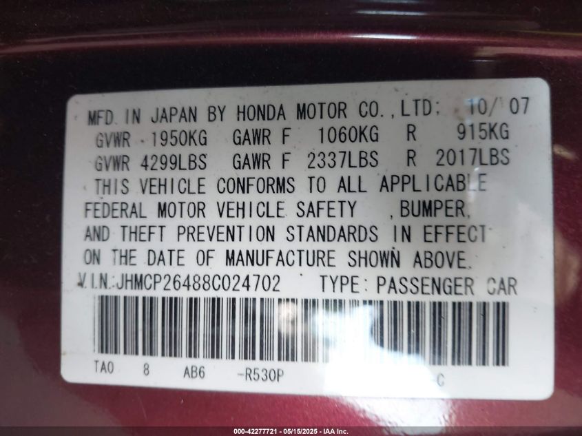 2008 Honda Accord 2.4 Lx-P VIN: JHMCP26488C024702 Lot: 42277721