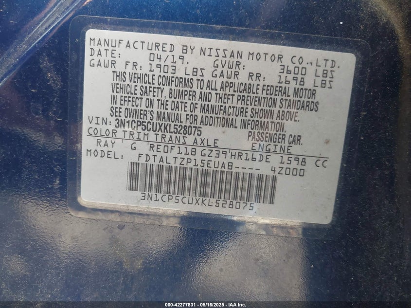 2019 NISSAN KICKS VIN: 3N1CP5CUXKL528075