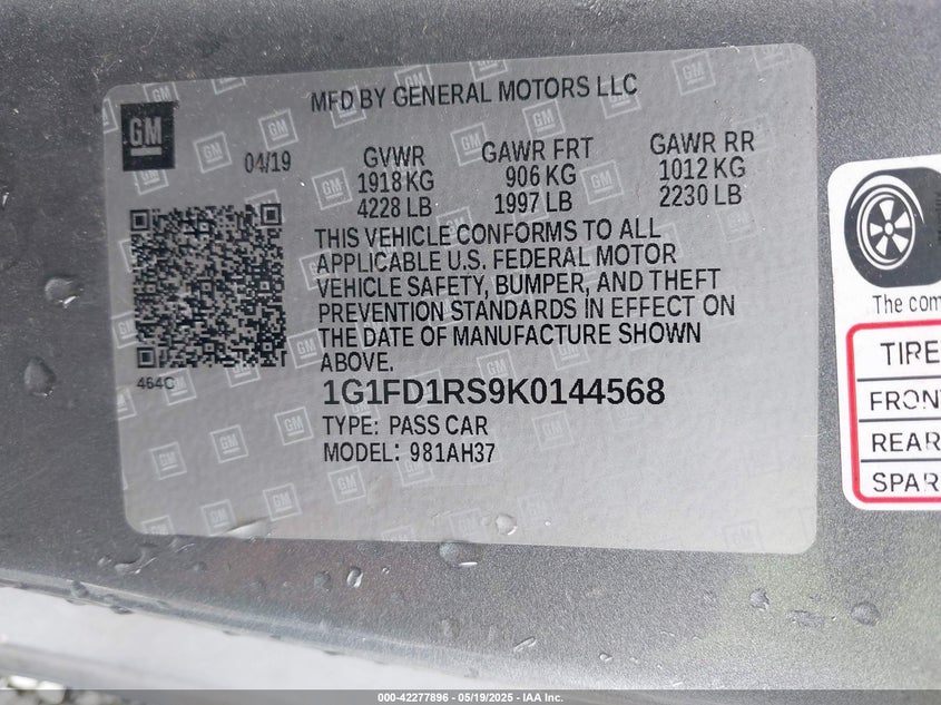 2019 CHEVROLET CAMARO 2LT - 1G1FD1RS9K0144568