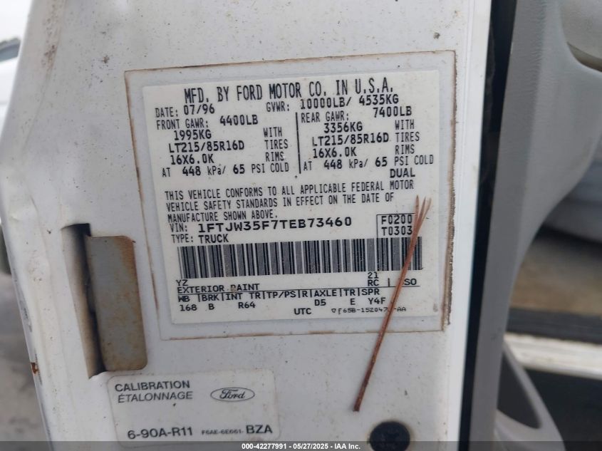1996 Ford F350 VIN: 1FTJW35F7TEB73460 Lot: 42277991