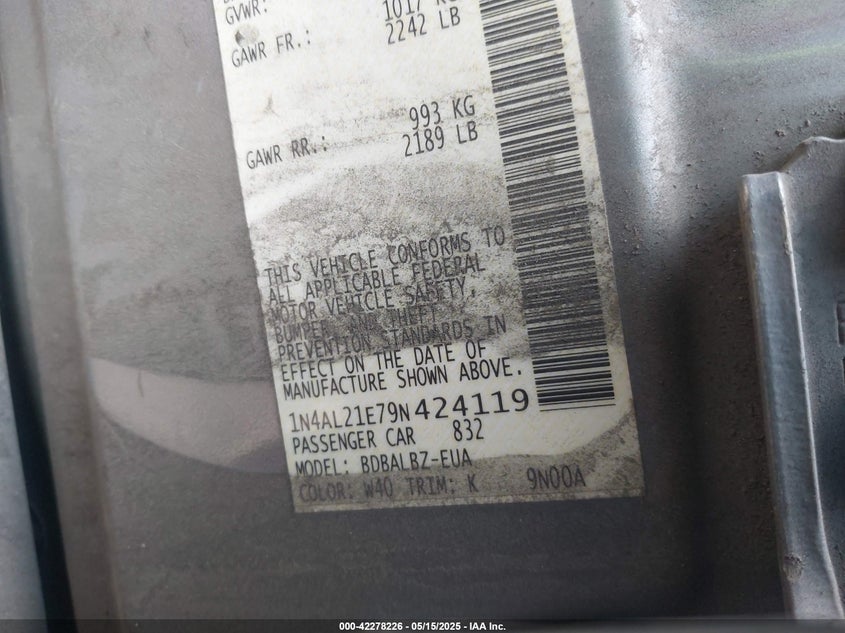 2009 NISSAN ALTIMA VIN: 1N4AL21E79N424119