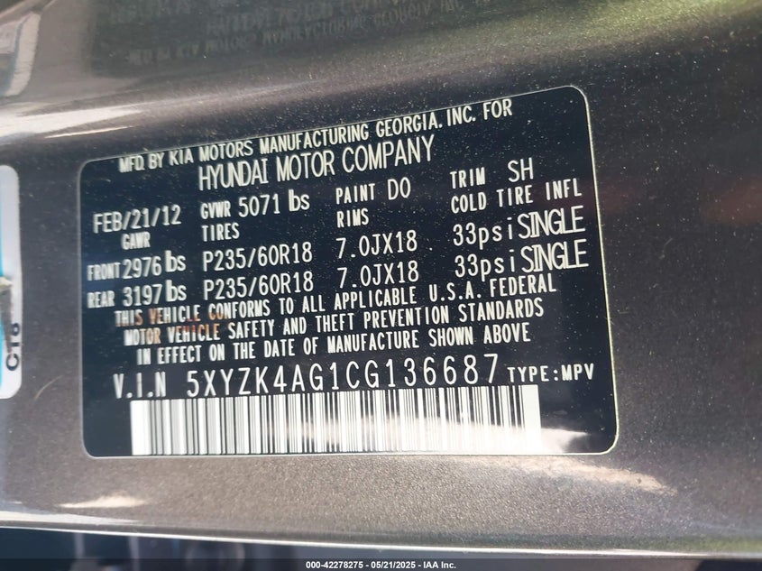 2012 HYUNDAI SANTA FE VIN: 5XYZK4AG1CG136687