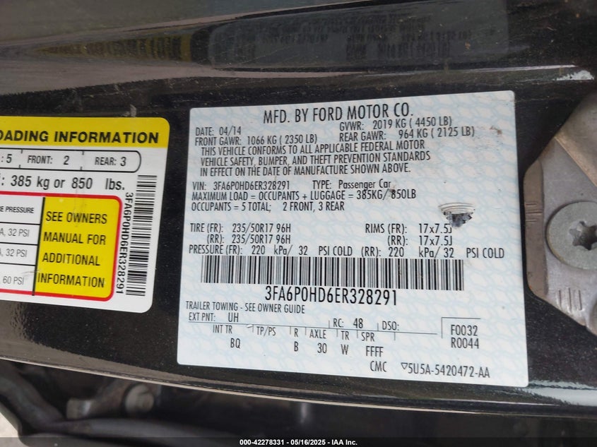 2014 FORD FUSION VIN: 3FA6P0HD6ER328291