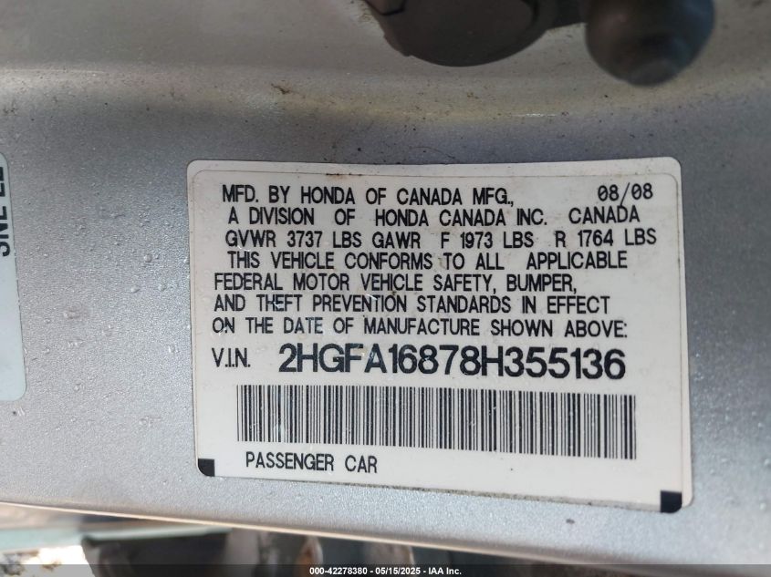 2008 Honda Civic Ex VIN: 2HGFA16878H355136 Lot: 42278380