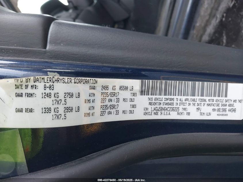 2004 Jeep Grand Cherokee Limited VIN: 1J4GW58N64C236225 Lot: 42278450